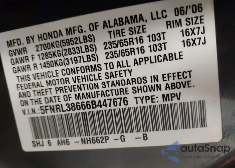 2006 Honda Odyssey Ex-L from USA, damaged, VIN 5FNRL38666B447676